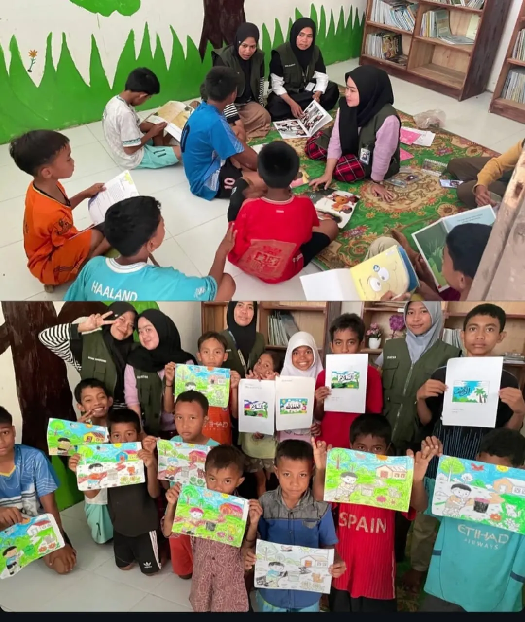 Mahasiswa KKN Ahmad Dahlan Mengabdi menata buku dan menyiapkan Ruang Literasi untuk meningkatkan minat baca anak-anak