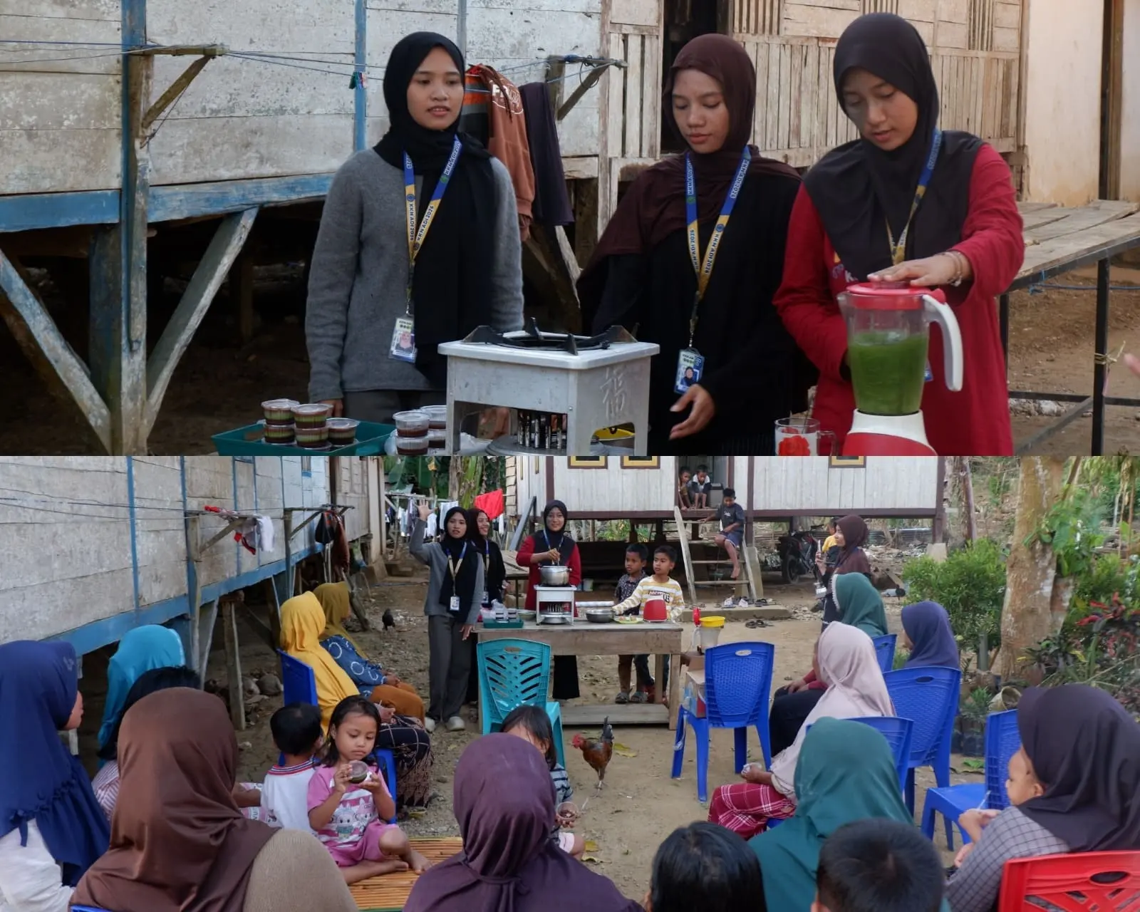 Mahasiswa KKN dan warga Desa Waulai bersama-sama melakukan proses pembuatan puding sehat berbahan daun kelor.